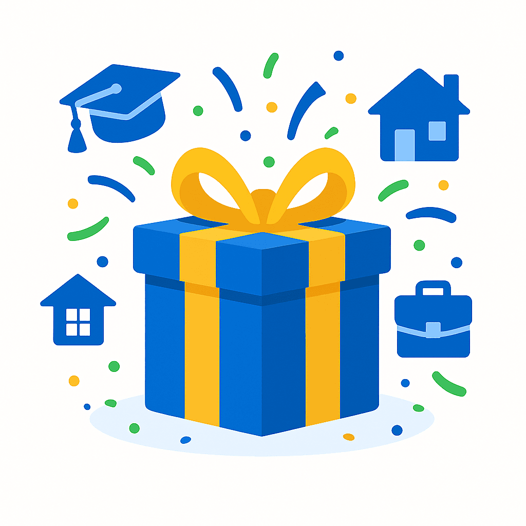 Illustratie van cadeaus voor bijzondere momenten zoals geslaagd, nieuwe baan of