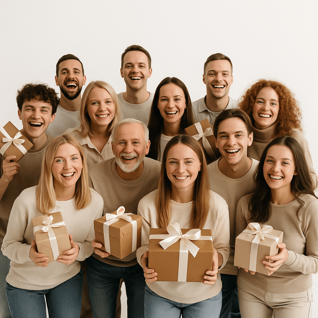 Grote groep vrienden die cadeaus uitwisselen tijdens een feestelijke gelegenheid, cadeau-inspiratie voor iedereen.