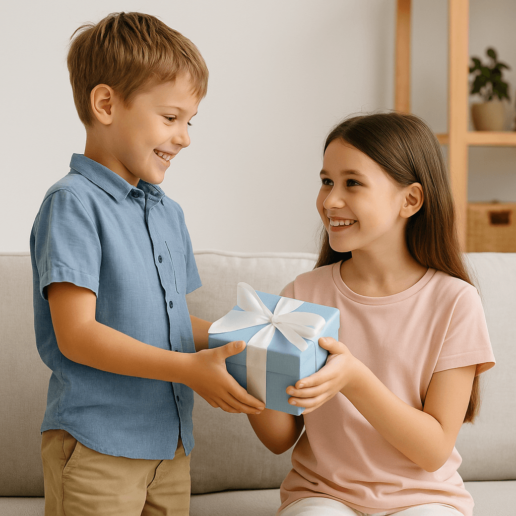 Blij jongetje en meisje die samen een cadeau uitpakken, leuke cadeautip voor kinderen.