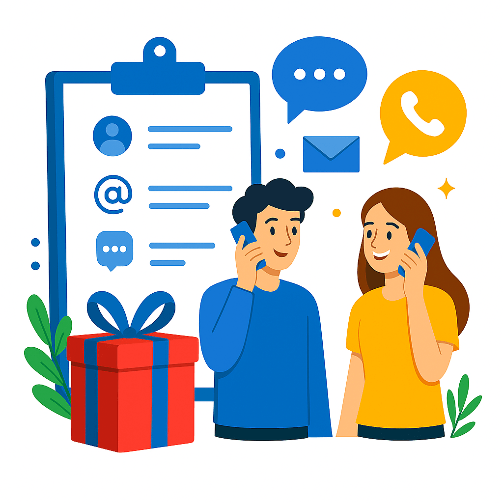 Illustratie van een contactmoment met een cadeau, symbolisch voor Cadeauselectie.nl, in een moderne en kleurrijke vlakke stijl