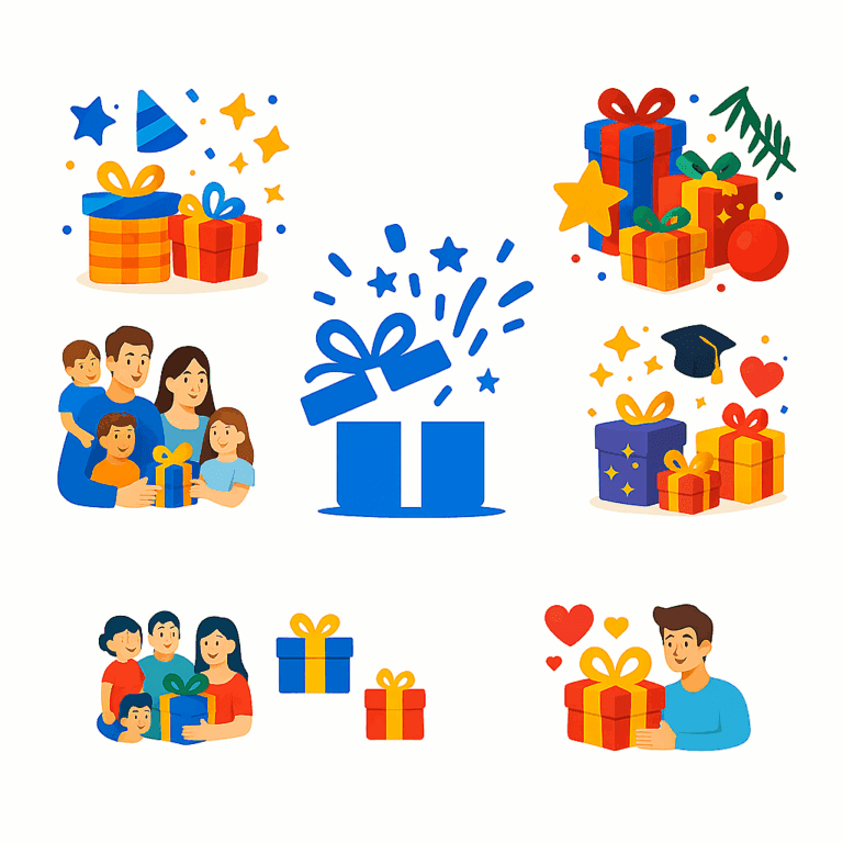 Een kleurrijke illustratie met verschillende scènes van mensen die cadeaus geven en ontvangen, inclusief families, kinderen en stellen, omringd door feestelijke elementen zoals cadeaudozen, sterren, confetti en harten op een witte achtergrond.