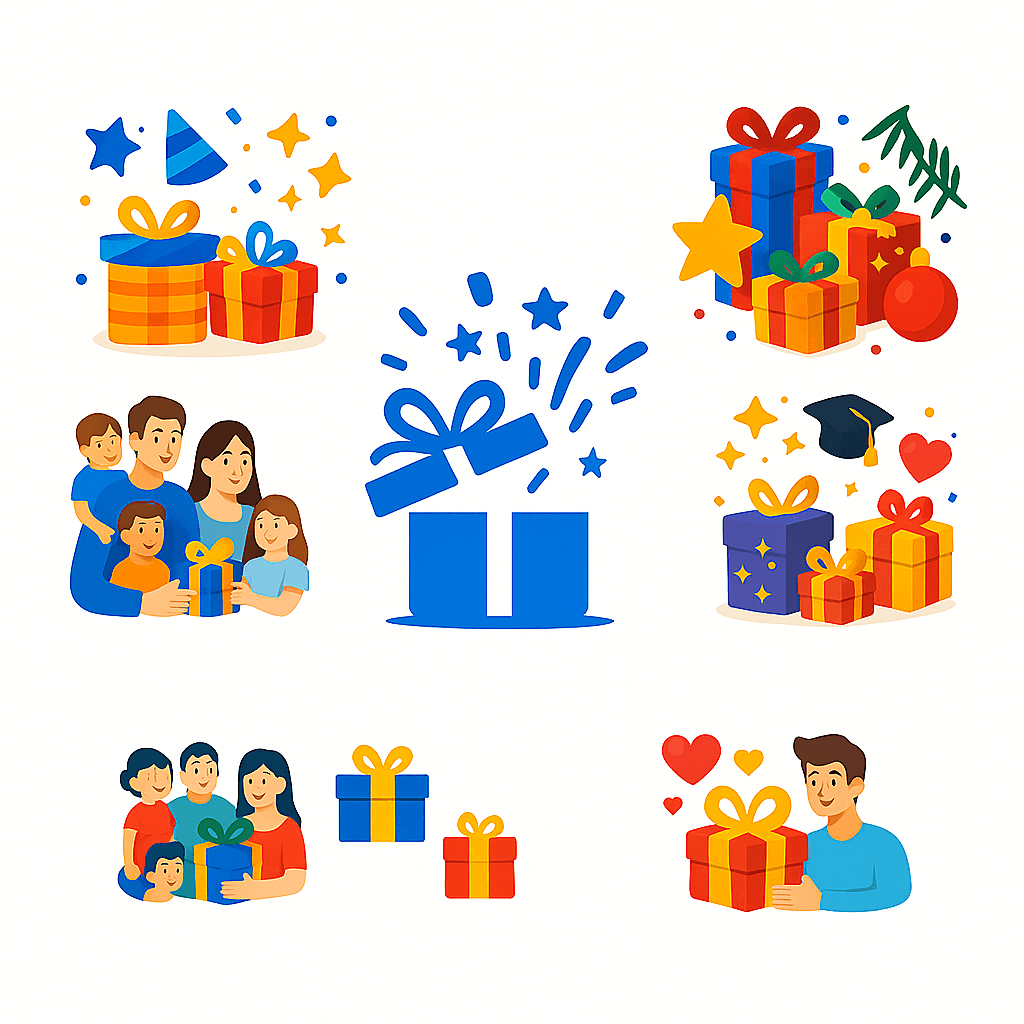 Een kleurrijke illustratie met verschillende scènes van mensen die cadeaus geven en ontvangen, inclusief families, kinderen en stellen, omringd door feestelijke elementen zoals cadeaudozen, sterren, confetti en harten op een witte achtergrond.